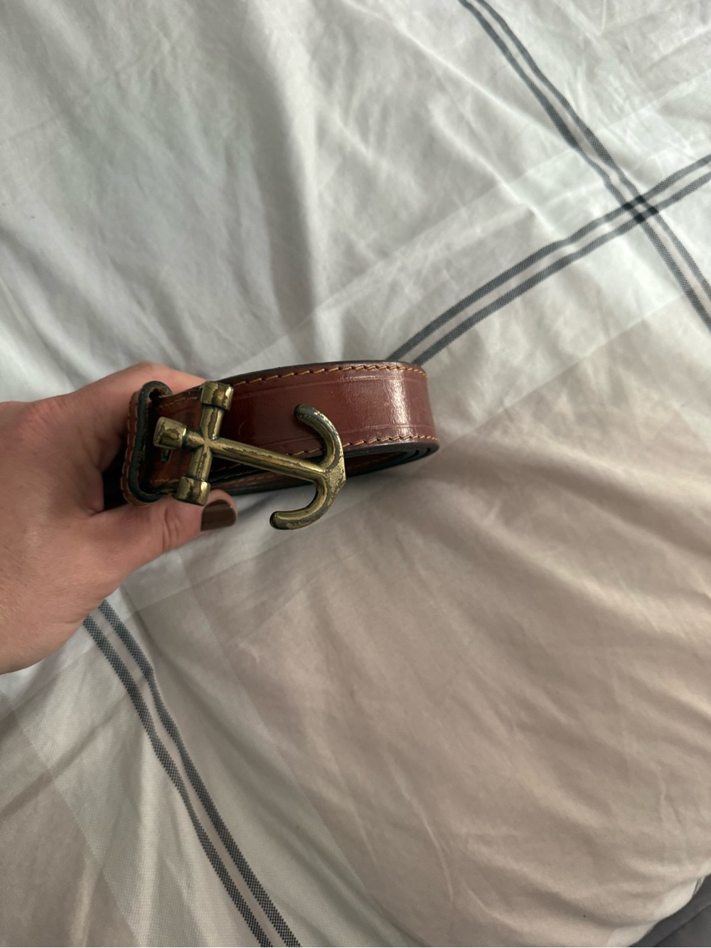 Vintage J.Crew Leather Belt Brass Anchor Buckle Cocoa Brown Sz S